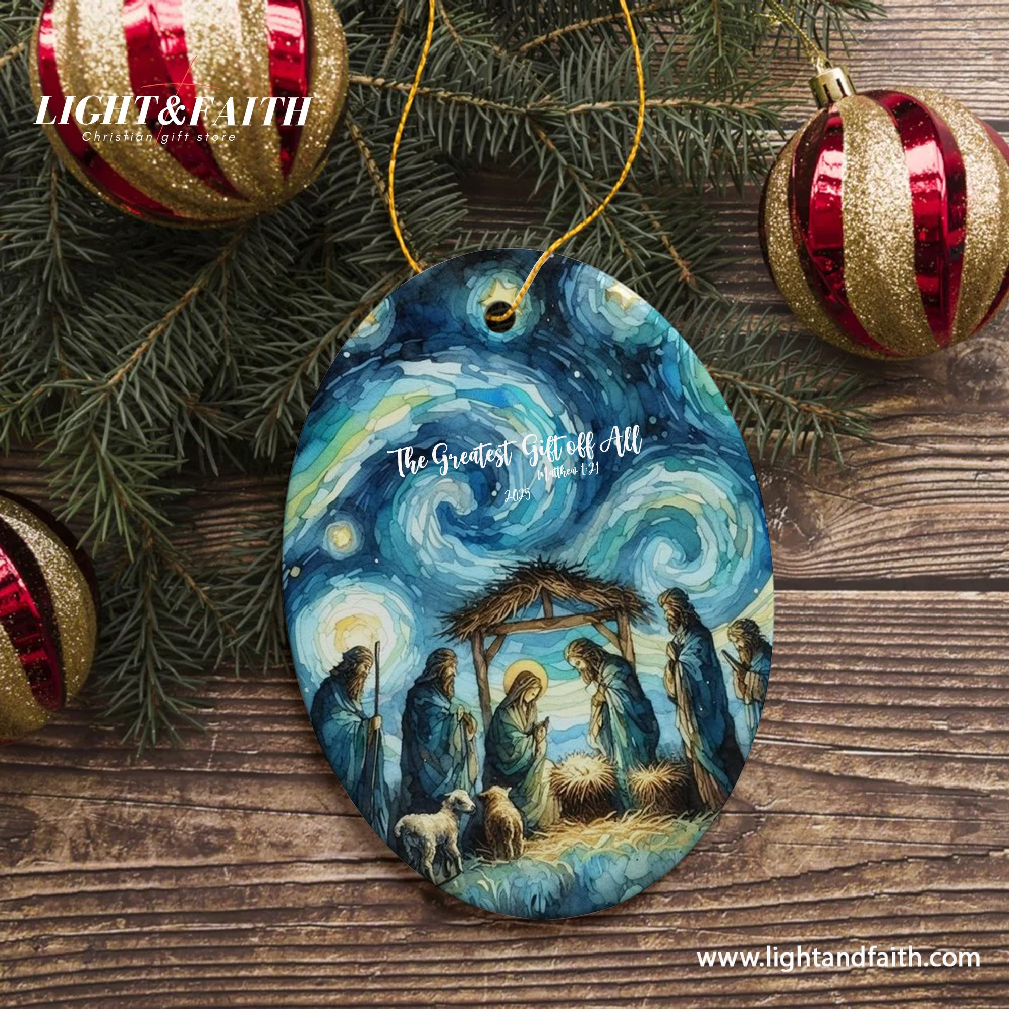 Starry Night Nativity Scene Christmas Ornament, The Greatest Gift of All Matthew 1:21, Holy Family Ornament, Christian Holiday Decoration DCLAF40